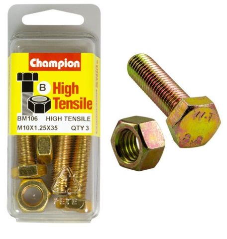 M10 x 1.25 x 35mm Bolt & Nut - High Tensile Pkt3