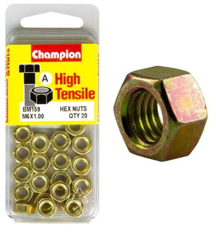 M6 x 1.0 Hex Nut High Tensile   Pkt 20- Champion