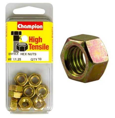 M8 x 1.25 Hex Nut High Tensile   Pkt 10- Champion