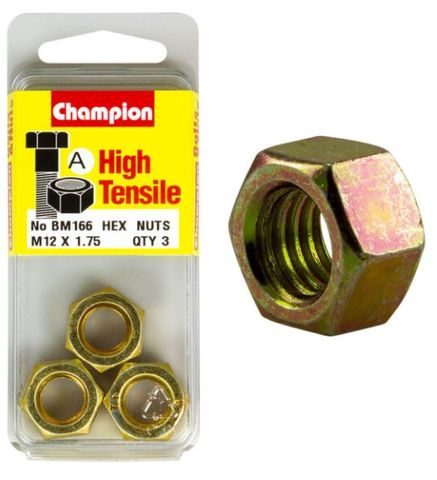M12 x 1.75 Hex Nut High Tensile   Pkt 3 - Champion