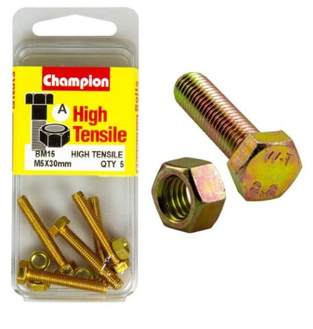 M5 x 30mm Bolt & Nut - High Tensile Pkt5