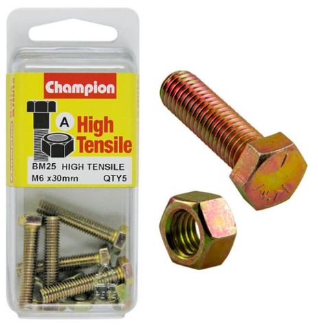 M6 x 30mm Bolt & Nut - High Tensile Pkt5