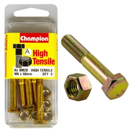 M6 x 50mm Bolt & Nut - High Tensile Pkt5