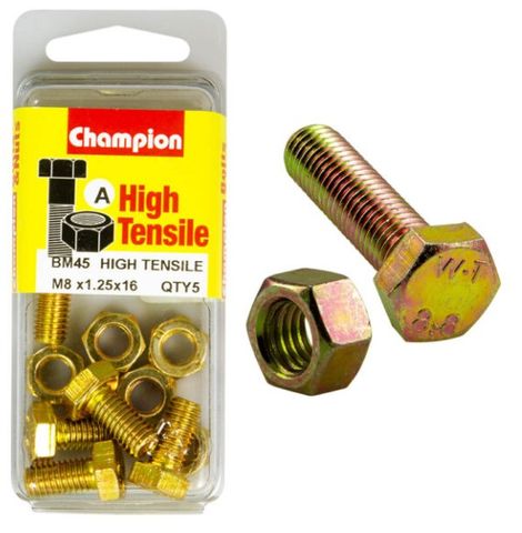 M8 x 16mm Bolt & Nut - High Tensile Pkt5