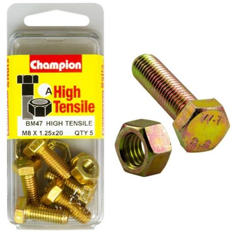 M8 x 20mm Bolt & Nut - High Tensile Pkt5