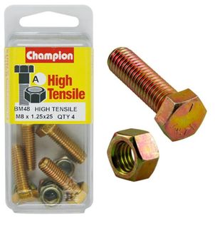 M8 x 25mm Bolt & Nut - High Tensile Pkt4