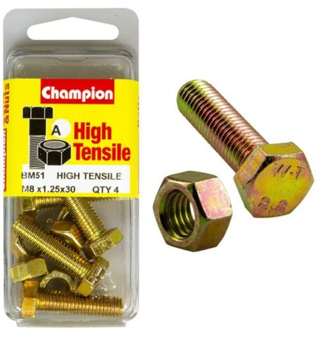 M8 x 30mm Bolt & Nut - High Tensile Pkt4