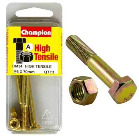 M6 x 70mm Bolt & Nut - High Tensile Pkt3