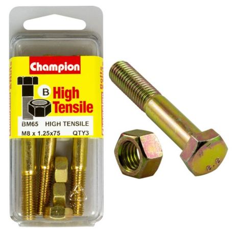 M8 x 75mm Bolt & Nut - High Tensile Pkt3