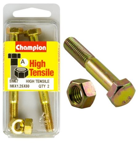 M8 x 80mm Bolt & Nut - High Tensile Pkt2