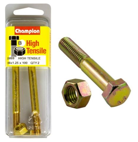 M8 x100mm Bolt & Nut - High Tensile Pkt2