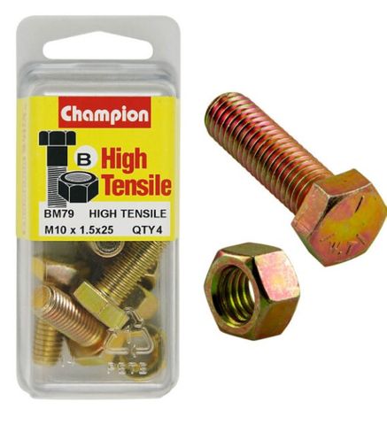 M10 x 25mm Bolt & Nut - High Tensile Pkt4