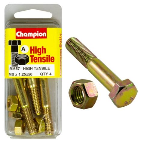 M8 x 50mm Bolt & Nut - High Tensile Pkt4