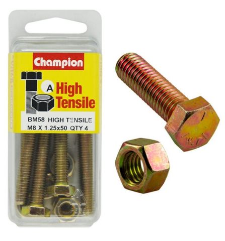 M8 x 50mm Bolt & Nut - High Tensile Pkt4