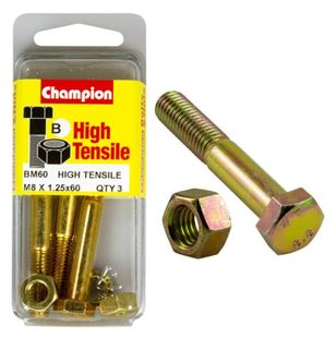 M8 x 60mm Bolt & Nut - High Tensile Pkt3