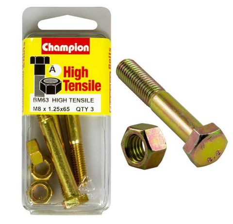 M8 x65mm Bolt & Nut - High Tensile Pkt3