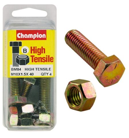 M10 x 40mm Bolt & Nut - High Tensile Pkt4