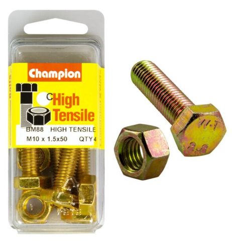 M10 x 50mm Bolt & Nut - High Tensile Pkt4