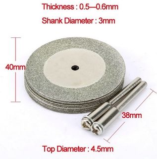 10 pieces  40mm x 0.50 Diamond Disc complete with  2x Mandrels -  3mm Shank - DTD