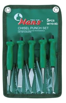 5 piece Punch & Chisel Set with Rubber grip Handles, Roll Pouch - Hans