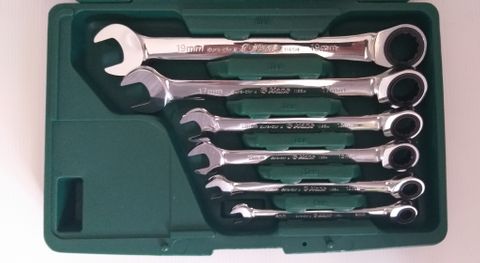 8mm-19mm 6 piece Gear Ring/Openend Wrench Set in ABS Case - Hans