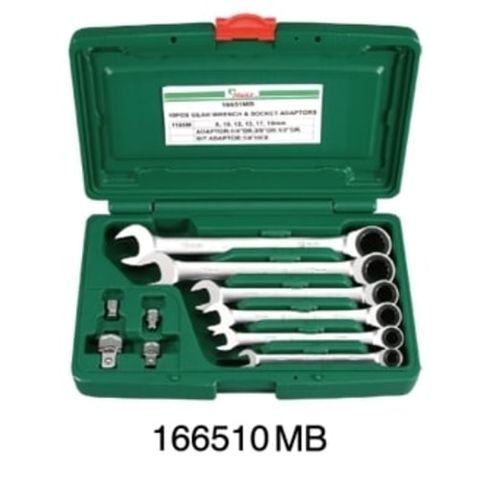 8-19mm 10 piece Gear Wrench & Socket Adaptor Set 1/4'',3/8'' & 1/2'' in ABS Case - Hans