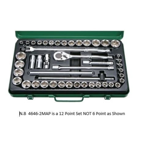 46 piece 12 Pt Socket Set 8-32mm & 3/8"'-1-1/4"  1/2" Drive Green Metal Case - Hans