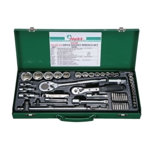 55pc Socket Set in Metal Case 4-32mm & 1/4",3/8" & 1/2" Dr - Hans