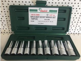 1/2"' Dr. 10Pce 12Pt DEEP SAE Socket Set 3/8"-15/16" ABS Case - Hans