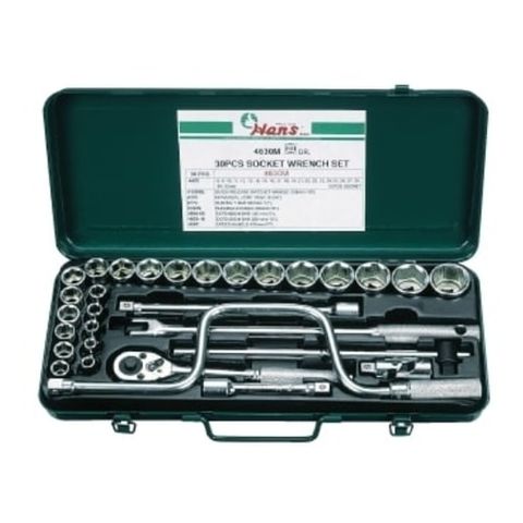 30pce 12Pt Socket Set  8-32mm 1/2' Dr. Green Metal Case - Hans