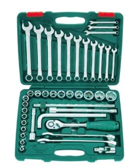 42 piece Tool Kit 8-32mm 1/2" Dr.  Skt Set c/w 6-24mm R&OE Spanners + Access. ABS Green Case - Hans