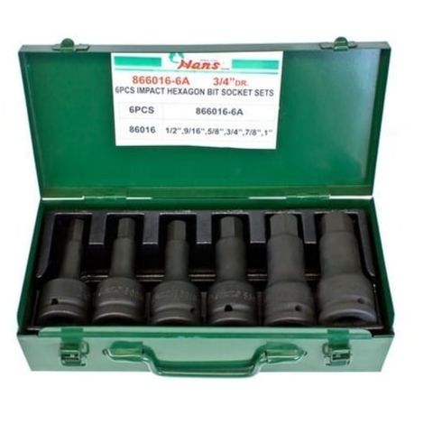 1/2"-1"'  6pce 3/4" Dr. Hex Bit Socket Set in Metal Case - Hans