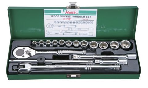 8-22mm 3/8' Dr. 17pce 6Pt Socket Set Metal Case Green - Hans