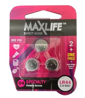 Alkaline Max Life Button Batteries LR44 2 + 1