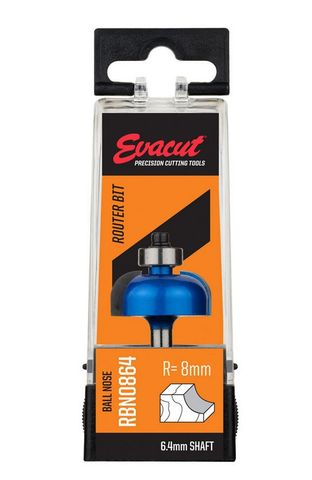 Ball Nose Router Bit 8mm Radius x 14mm Cutter Height x 29mm Dia x 6.4mm Shank - Evacut