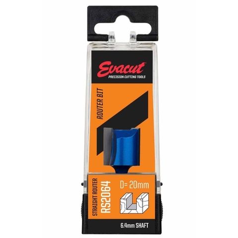 Straight Router Bit 2 Flute 20mm Diameter x 19mm Flute length x 6.4mm Shank - Evacut