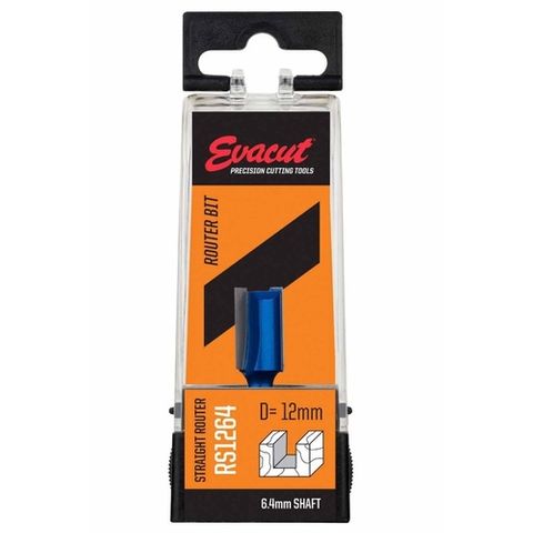 Straight Router Bit 2 Flute  ,12mm Diameter x 19mm Flute length x6.4mm Shank - Evacut