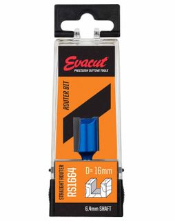 Straight Router Bit 2 Flute x 16 mm Diameter x 19mm Flute length x 6.4mm Shank - Evacut