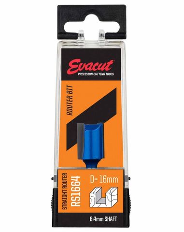 Straight Router Bit 2 Flute x 16 mm Diameter x 19mm Flute length x 6.4mm Shank - Evacut