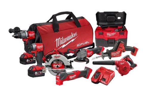 M18 Next Gen FUEL 8pce POWERPACK
M18 FUEL? 13mm 135Nm Hammer Drill/Driver, 1/4? Impact Driver, 125mm Grinder, Hackzall, 184mm Circ Saw, Multitool, Wet/Dry Vac and Blower with 2x 5.0Ah REDLITHIUM Battery, 12V/18V Dual Voltage Rapid Charger, Bag