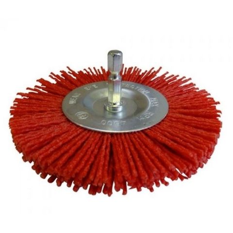 Brush Wheel 100mm 80g 6.3mm Hex Spindle Red Abrasive Nylon