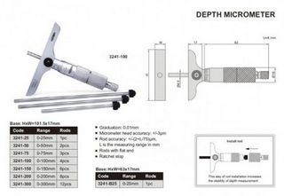 Depth Micrometer 0-150mm x 0.01mm 101.5mm Base Insize 3241-150