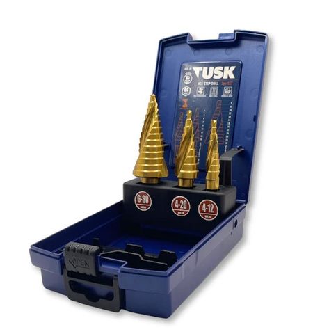 3 Piece Step Drill Set HSS-TiN Coated 1/4" Hex Shank - Tusk