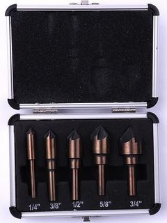 82 Deg 5 Piece 1/4'', 3/8'', 1/2'',5/8'',3/4'' HSS Multi Flute  Counter Sink Set  complete with Aluminium Case