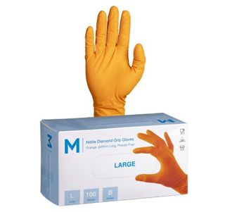 Large Diamond Grip Nitrile Gloves Powder free Orange 100Pkt - Matthews