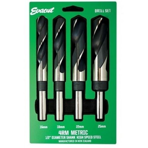 4 piece 16,18,22,25mm x 1/2'' Reduced Shank HSS Drill Set - Evacut