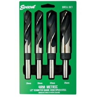 4 piece 16,18,22,25mm x 1/2'' Reduced Shank HSS Drill Set - Evacut