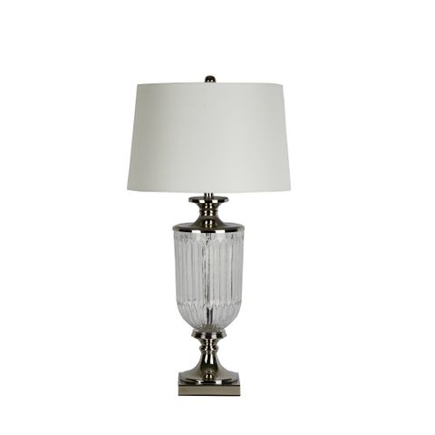 Bellevue Glass Nickel Lamp With White Linen Shade