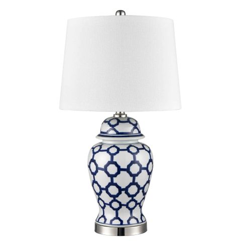 Lucca Small Blue & White Jar Shaped Lamp W/ Shade