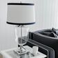 Charlotte Glass and Nickel Lamp with White Linen Shade (Navy Trim)